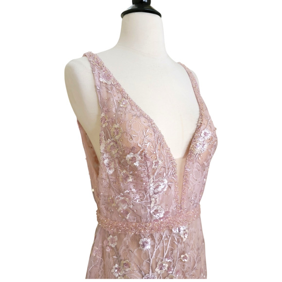 Mac Duggal 67481 Rose Pink Floral 0 Long Gown Dress Embellished Plunge Neck 233 - Picture 3 of 10